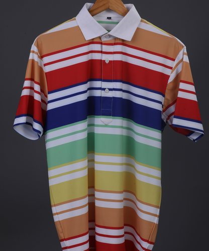 DapperTee orange yellow stripe polo, crisp firm collar for professional play.