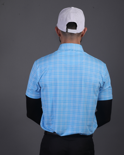 DapperTee blue checks polo styled for high-end professional environments and corporate leadership.