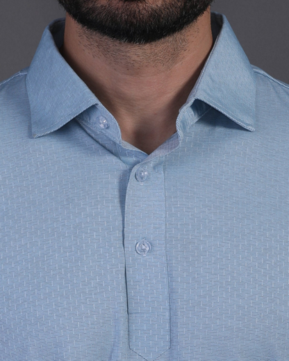 DapperTee blue knit polo highlighting firm collar and professional high-end tailored fit.