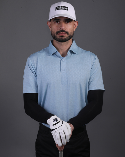 Men's DapperTee blue knit polo breathable polyamide fabric for professional office environments.