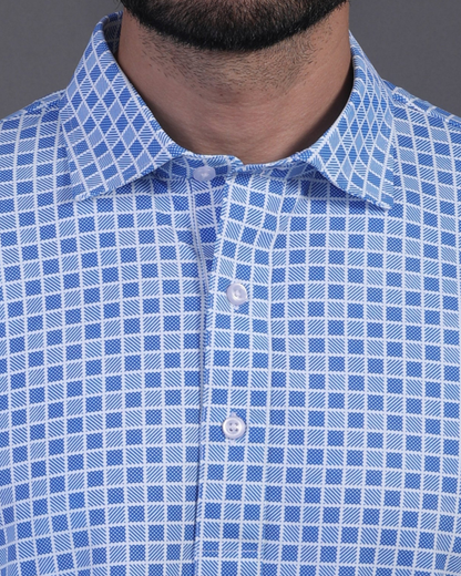 DapperTee blue jacquard polo highlighting firm collar and professional high-end tailored fit.