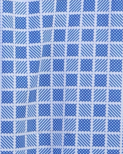 Close-up specialized square jacquard polyamide fabric texture on DapperTee blue office polo.