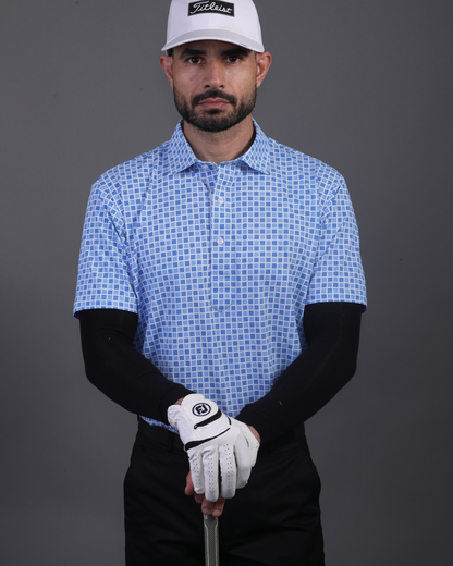 Men's DapperTee blue jacquard polo breathable polyamide fabric for professional office environments.