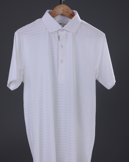 DapperTee white striped polo highlighting professional open collar and premium tailored fit.