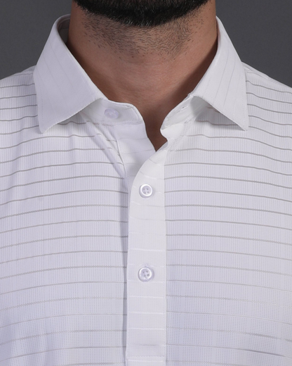 DapperTee white stripe polo highlighting firm collar and professional high-end tailored fit.