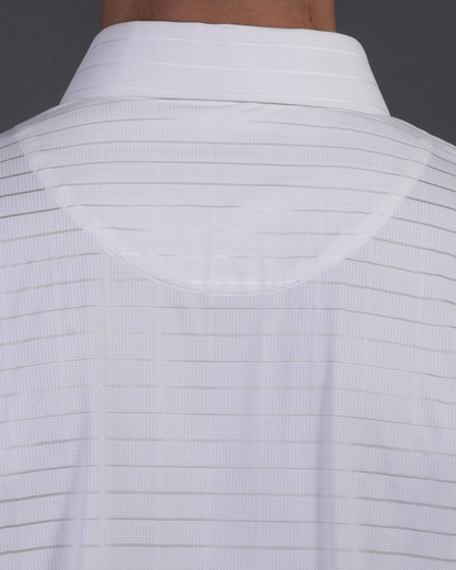 DapperTee white stripe polo featuring professional back yoke and premium tapered fit.