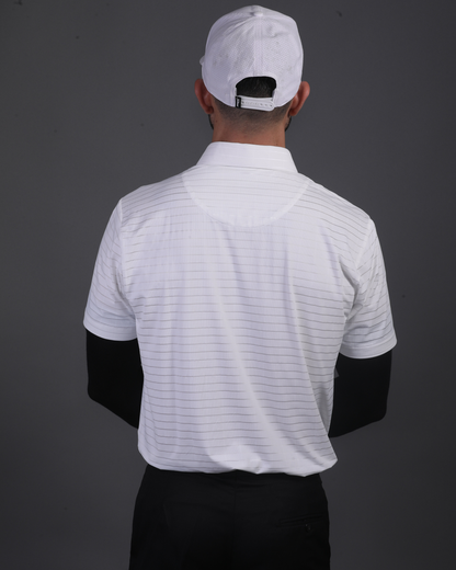 DapperTee white stripe polo styled for high-end professional environments and corporate leadership.