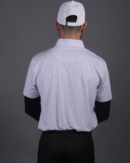 DapperTee grey knit polo styled for high-end professional environments and corporate leadership.