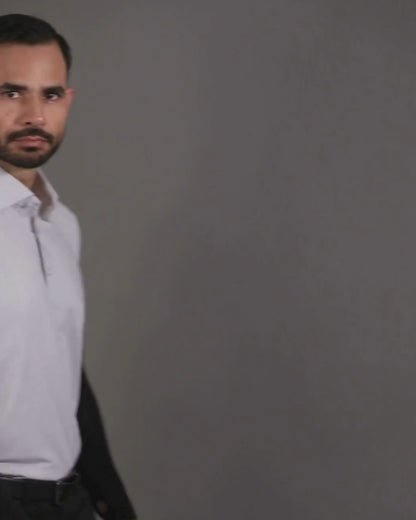 Performance video showcasing DapperTee stretchable grey polo during a professional corporate meeting.