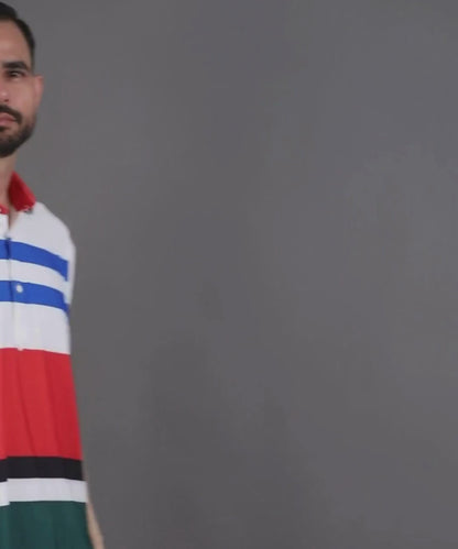 DapperTee American Red Blue White stripe polo with crisp collar and V-placket.