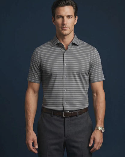 Prestige Classic Grey Green Striped Open Polo Shirt