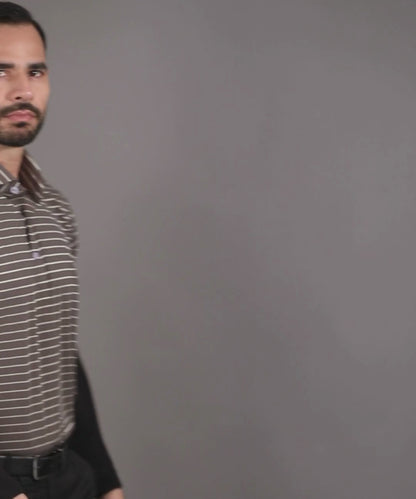 Performance video showcasing DapperTee stretchable striped polo during a professional corporate meeting.