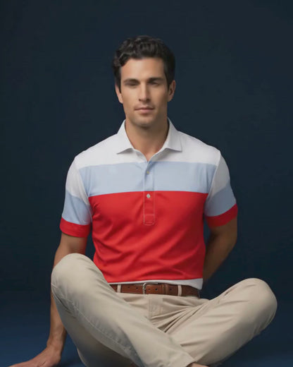 Flex Broad Red Grey Blue Stripe Print Polo