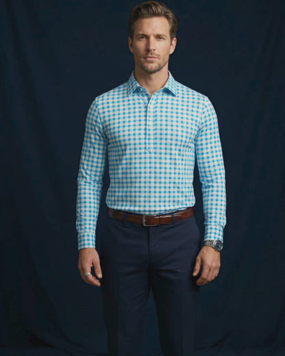 British Oxford Blue & White Checks Full Sleeve Office Polo