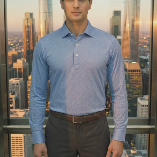 Performance video showcasing DapperTee stretchable long sleeve polo during professional office movement.