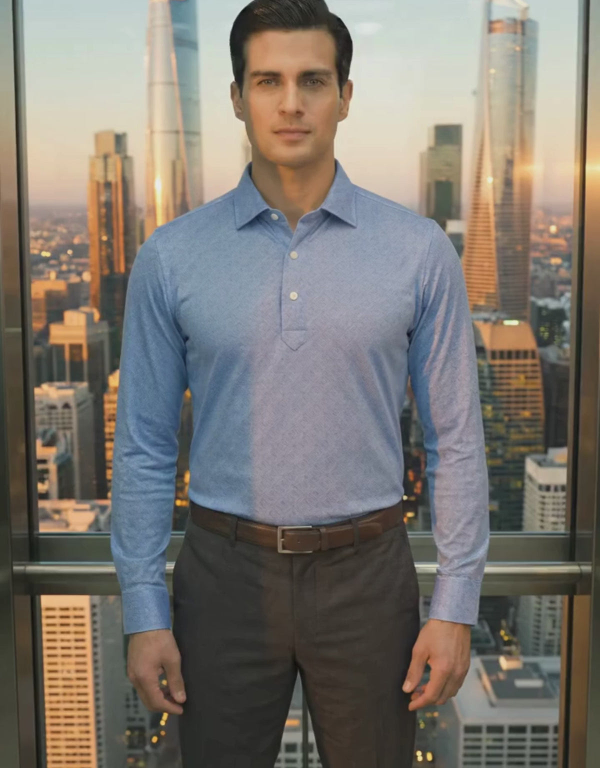 Performance video showcasing DapperTee stretchable long sleeve polo during professional office movement.