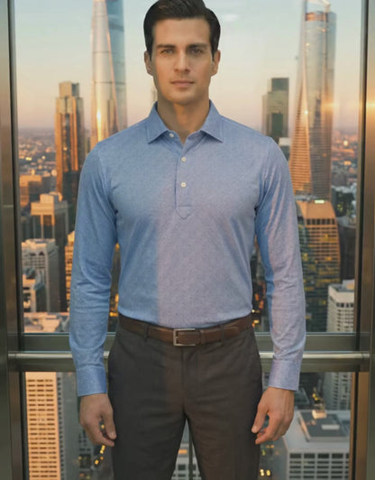 Performance video showcasing DapperTee stretchable long sleeve polo during professional office movement.