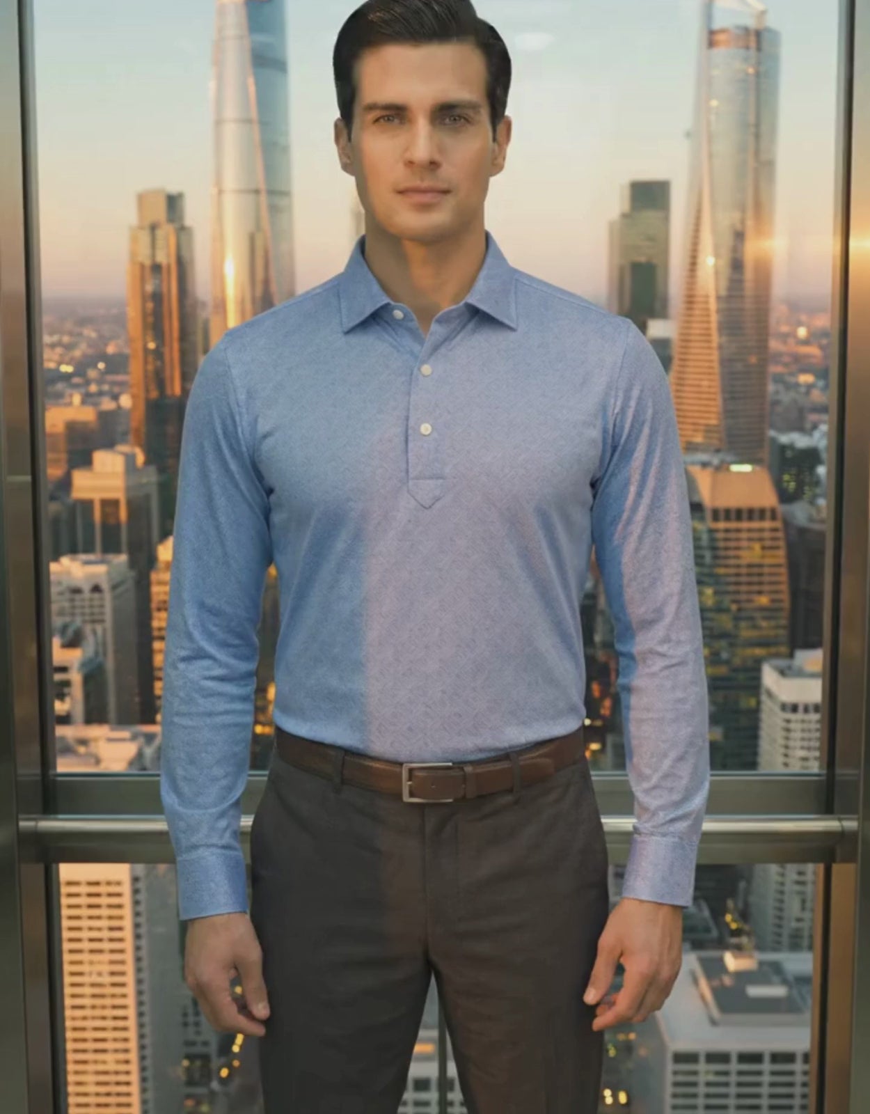 Performance video showcasing DapperTee stretchable long sleeve polo during professional office movement.