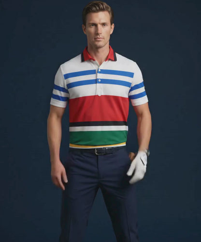 American Red Blue White Flex Stripe Print Polo