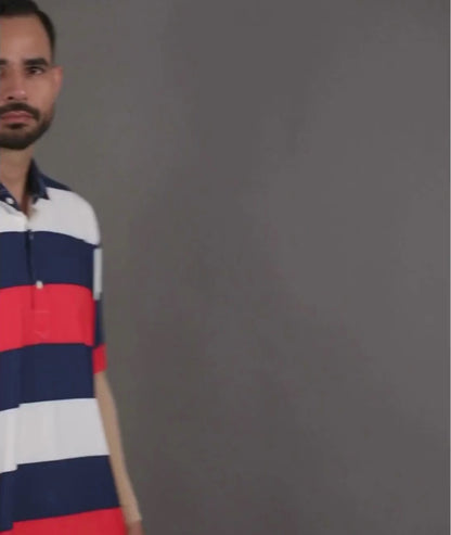 video showcasing DapperTee American stripe golf polo stretchable fabric in motion.