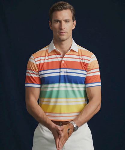 Europe Design Orange Red Blue Yellow Stripe Print Polo