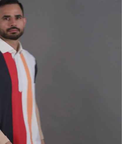 Vertical Blue Black Red Yellow Stripe Print Polo