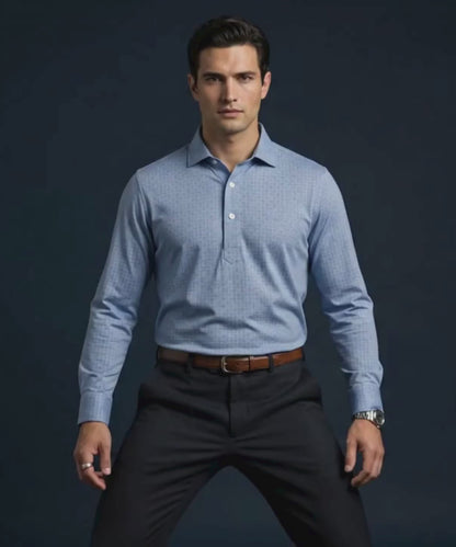 Swede Blue Jaquard Print Long Sleeves Polo
