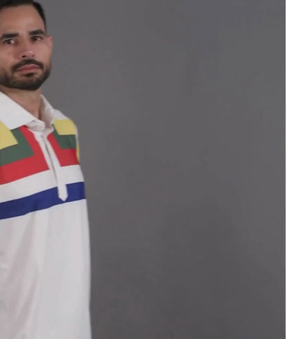 DapperTee Essential Flex striped polo luxury office wear featuring signature V-placket design.