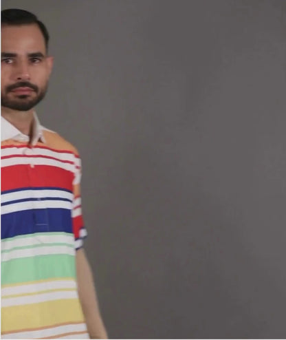 DapperTee orange stripe polo, luxury office wear featuring signature V-placket design.