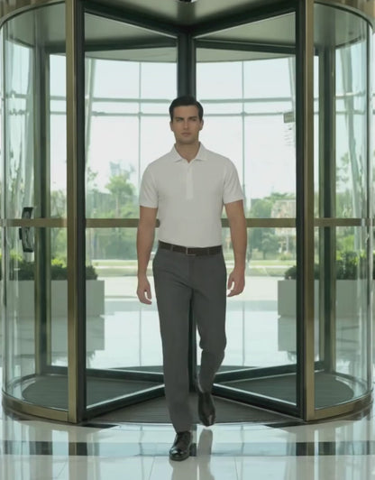 Performance video showcasing DapperTee stretchable white polo during a professional office walk.