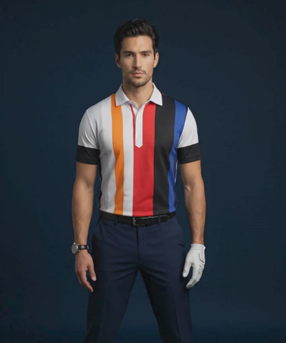 Vertical Blue Black Red Yellow Stripe Print Polo Version 2