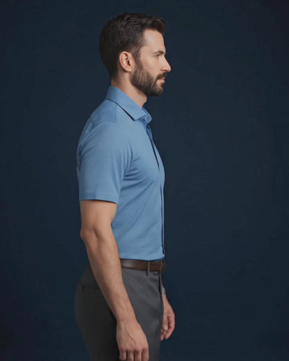 Premium Stripe Jaquard Blue  DapperTee Open Polo Shirt For Office