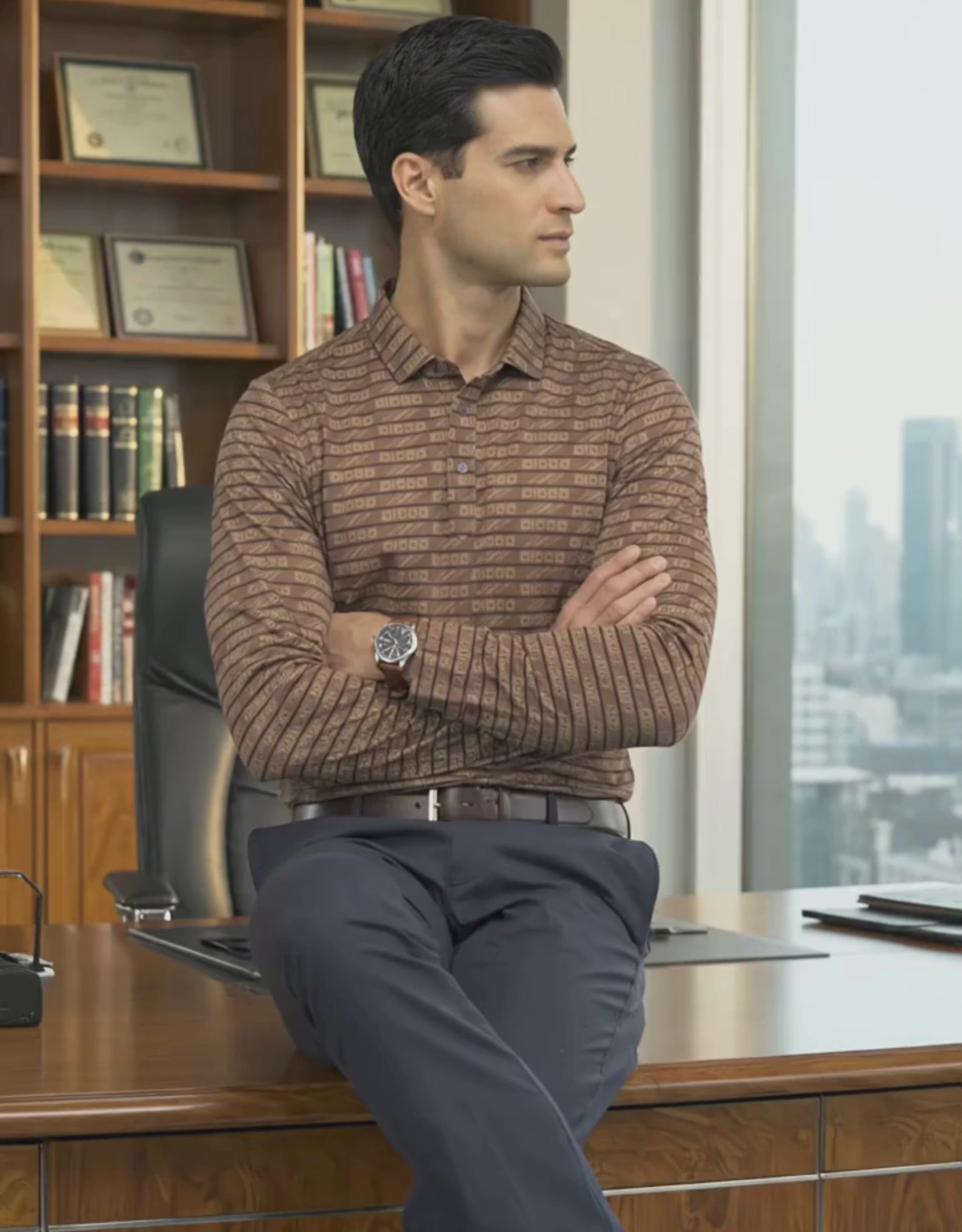 Performance video showcasing DapperTee stretchable long sleeve polo during professional office contemplation