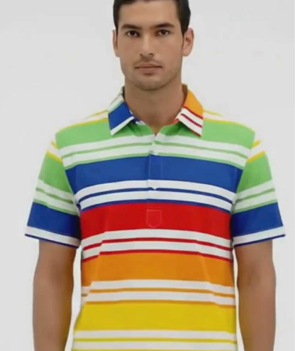 Showcasing DapperTee stretchable golf polo fabric during professional athletic movement.