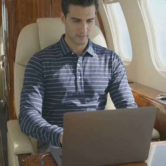 Performance video showcasing DapperTee stretchable long sleeve polo during professional business travel.