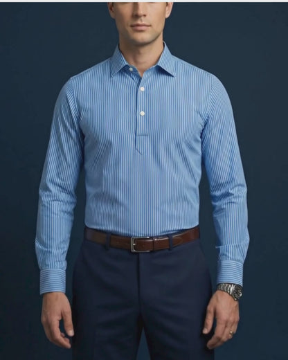 London Blue Pin Stripes Full Sleeve Polo For Office