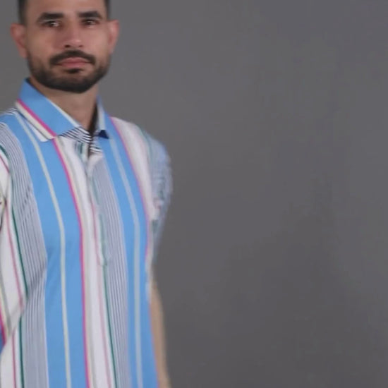 DapperTee blue vertical stripe luxury office polo with signature V-placket design.