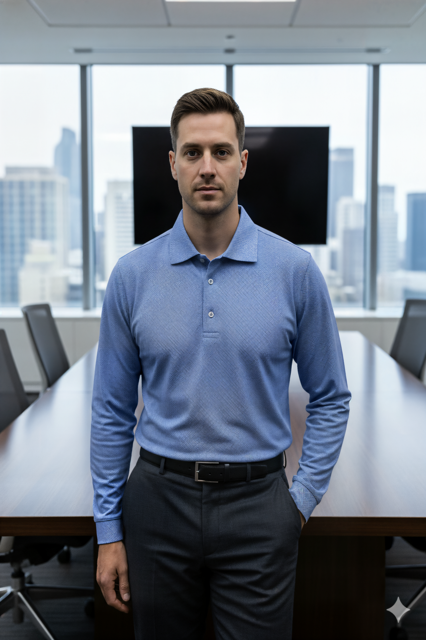 Long Sleeve Blue Jaquard print Polo